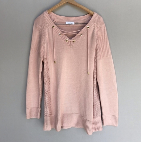 Calvin Klein Sweaters - Calvin Klein Sweater Size XL Pale Pink Long Sleeve Criss Cross Tie Neck